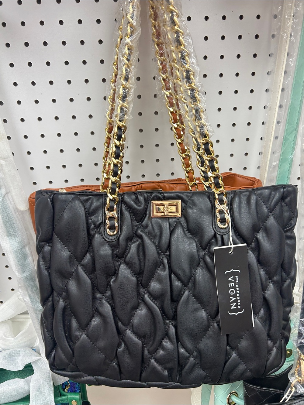 Vegan Quilted Black Tote Bag with Gold Chain Handles